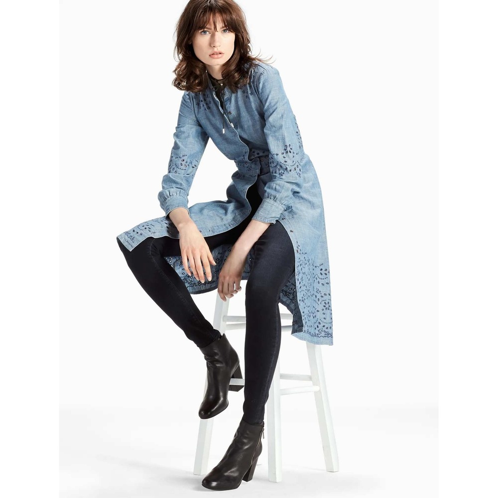 NWT Lucky Brand midi chambray embroidered eyelet Dress Sz 0‎ Cottagecore Western